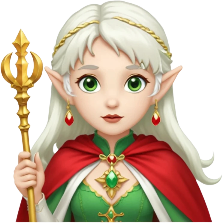 an elf with very white hair and two long ponytails on the side of her head, she has a curtain bang, green eyes, she has a white cape with golden borders and a scepter with a red orb, she has earrings that look like red drops emoji