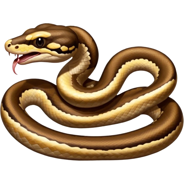 A close-up 3/4 view of the Ball Python with the front half raised slightly in an S-shape and its tongue flicking out. The head is angled curiously toward the viewer, showing both personality and motion. emoji