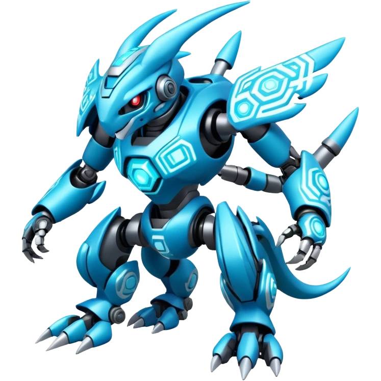 Futuristic mechanical modern badass cool shiny white with glowing cyan-blue animal Digimon Fakémon hybrid full body with intricate patterns emoji