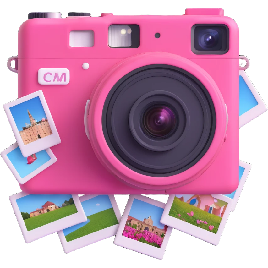 a pink camera with photos floating around it emoji