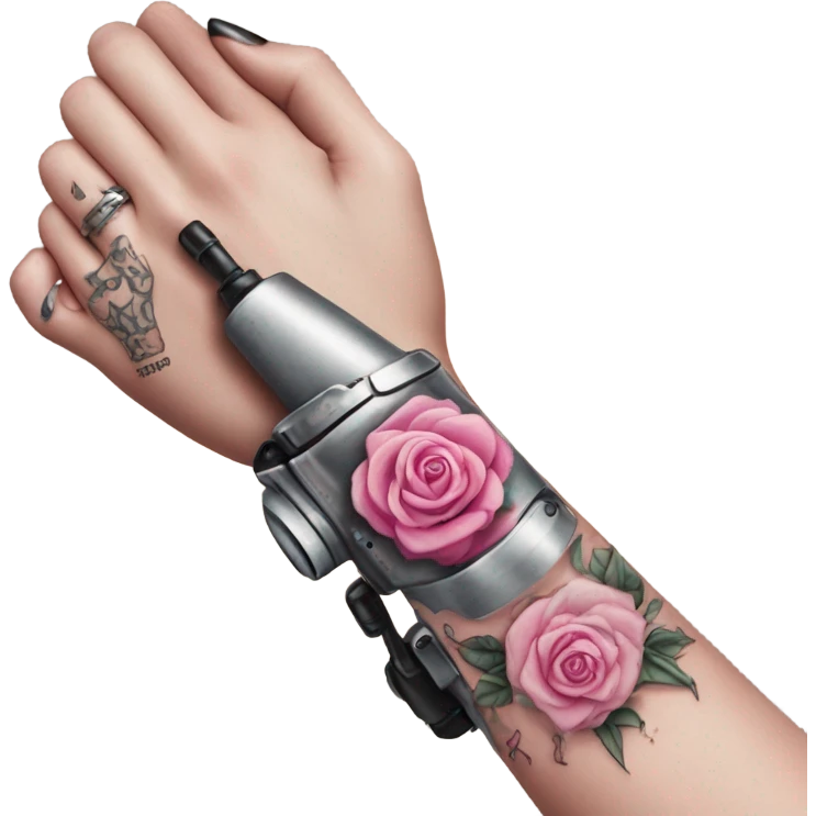 White girl hand with pink tattoos holding a tattoo machine emoji