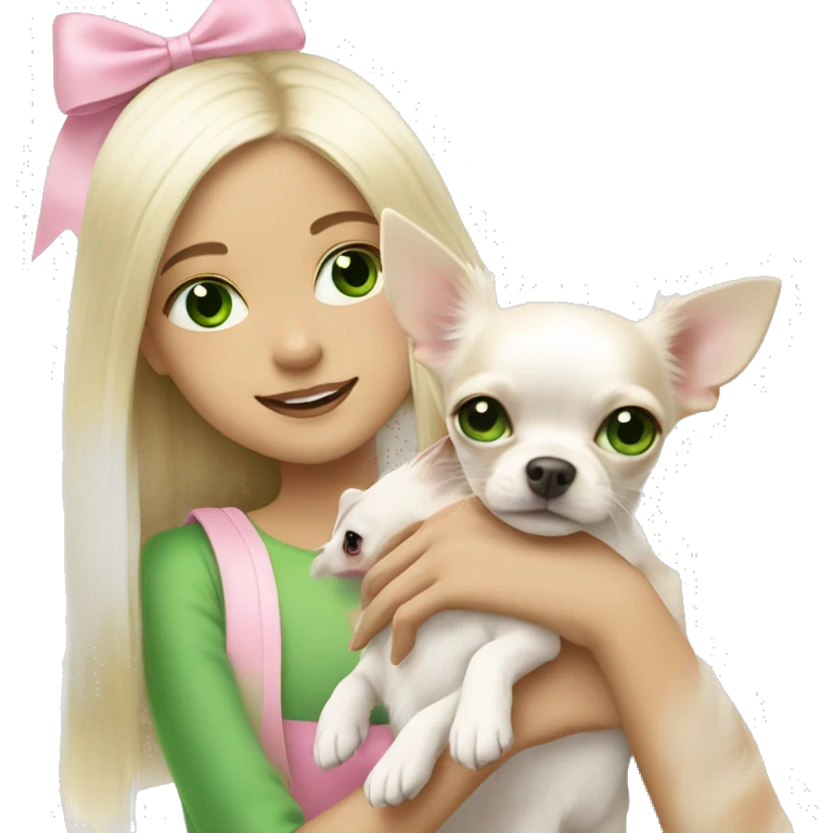 pale blond girl with long platinum hair with green eyes holding a white chihuahua puppy that wearing a pink bow emoji