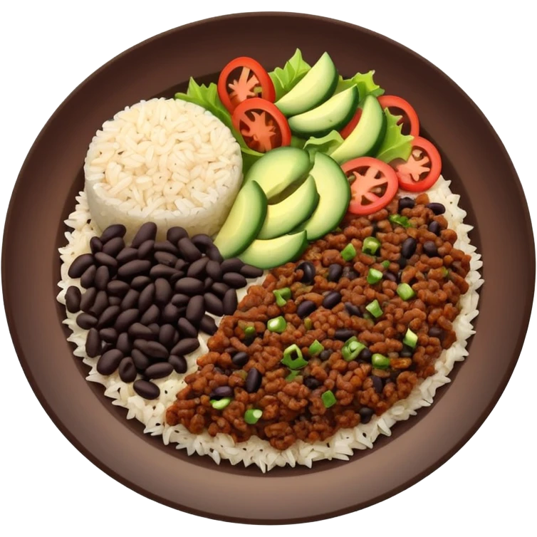 Food plate with rice, black bean, minced meat and salad emoji