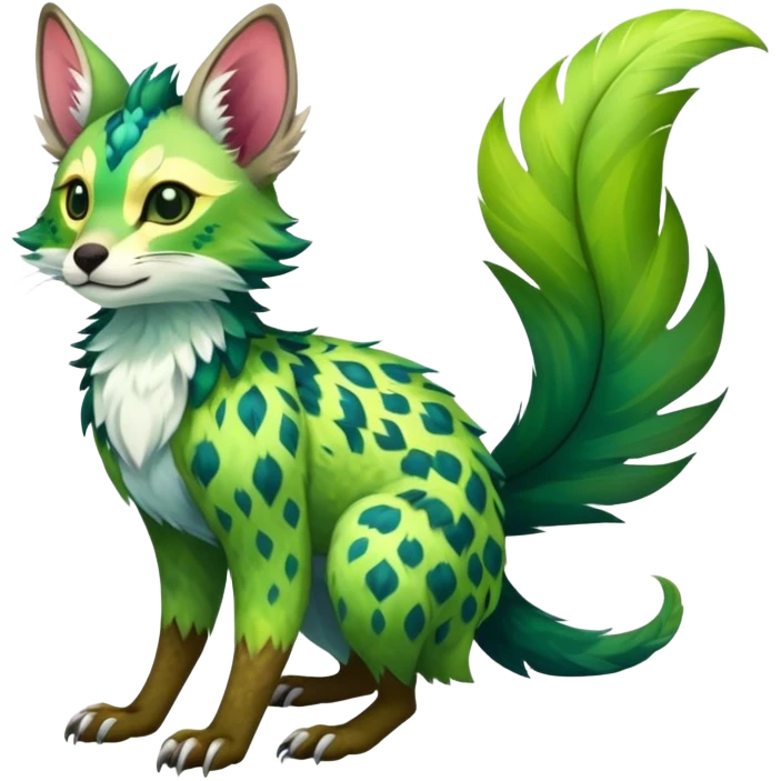 Feral Rare Fantasy vibrant colorful tropical Vernid-Trico-species by LiLaiRa, random markings, tufted tail, tufted ears, full body emoji
