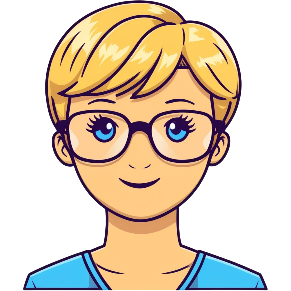 blonde teacher with pixie haircut, gold glasses, blue eyes, big eyelashes, nice smile emoji