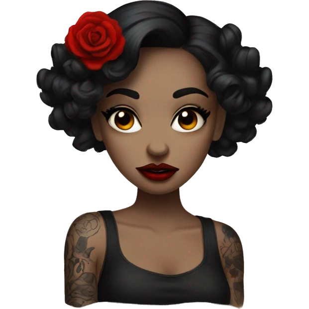 Pale black haired girl with black tattoos on body wearing red lipstick  emoji