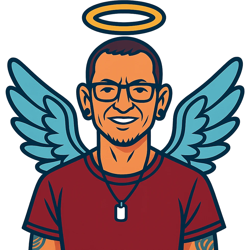 Chester Bennington from Linkin Park with a holy halo and angelic wings emoji