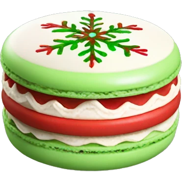 Macaron decorated with red and green snowflakes and a creamy white filling emoji