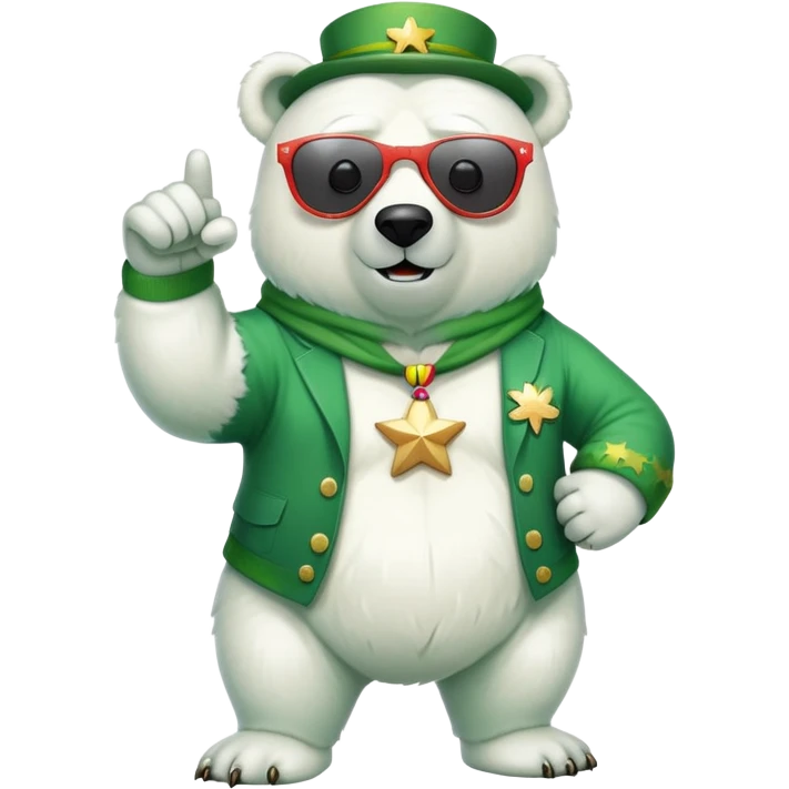 full body friendly anthropomorphised polar bear wearing oversized colorful star glasses and festive St. Patrick's Day outfit doing a fist pump emoji