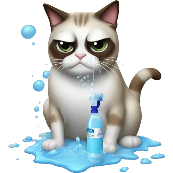 Spray bottle spraying water at a grumpy cat emoji