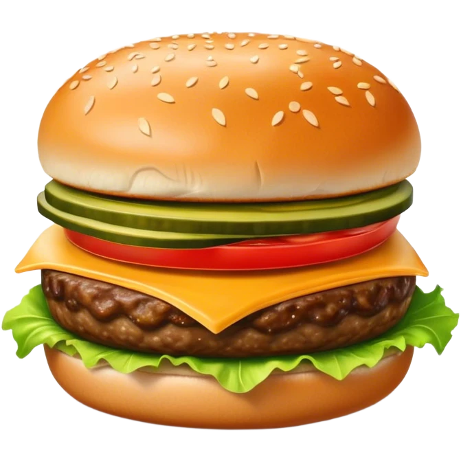 Cinematic juicy cheeseburger, perfectly grilled patty, melted cheese, crisp lettuce, tomatoes, and pickles, soft sesame seed bun, glossy and rich, warm glowing background, ultra-detailed and appetizing. emoji