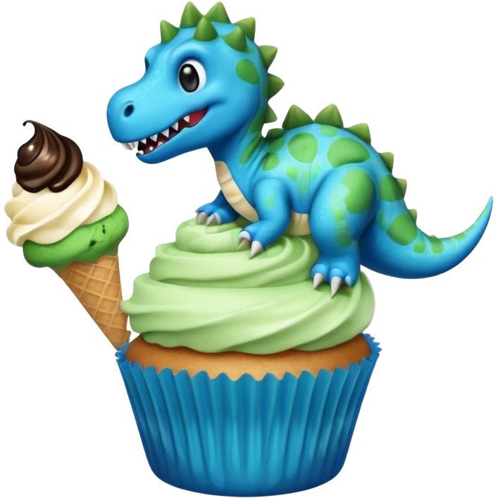 A cupcake having blue and black icing and a dinosaur as a decoration and ice cream next to it emoji