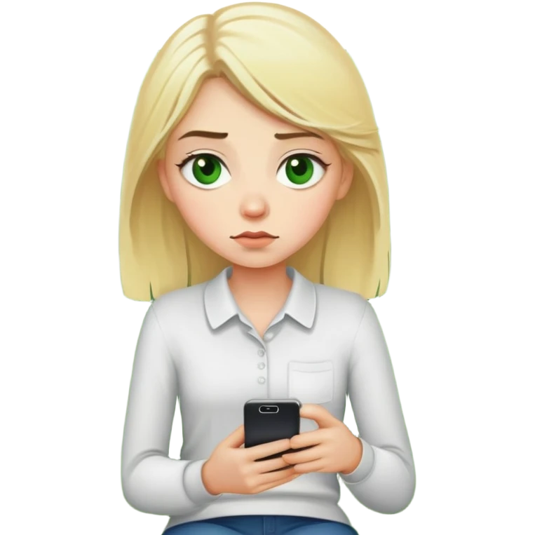 White blondie girl with green eyes siting tired at sofa with mobile phone emoji