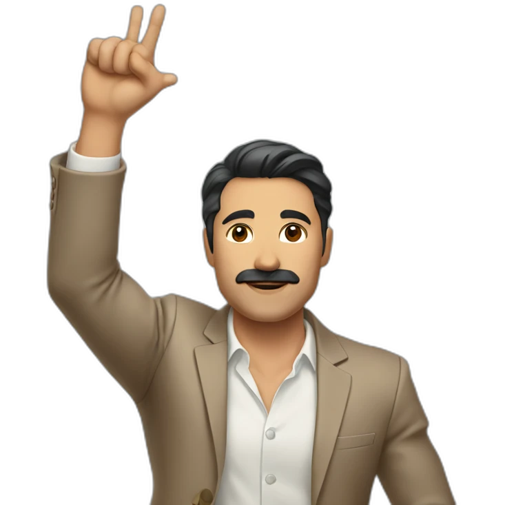 Man with light brown suit, dark hair and small mustache. He holds his arm up in the air emoji