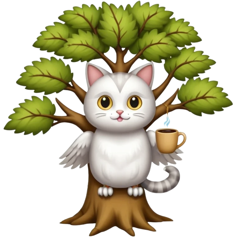 crea un gato con alas de búho con pelaje color cafe y blanco y que este en la rama de un árbol emoji