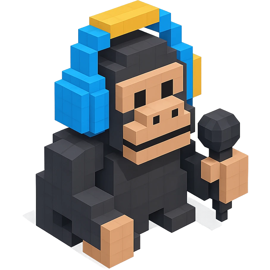 gorilla with headphones holding a microphone, isometric view, voxel style emoji