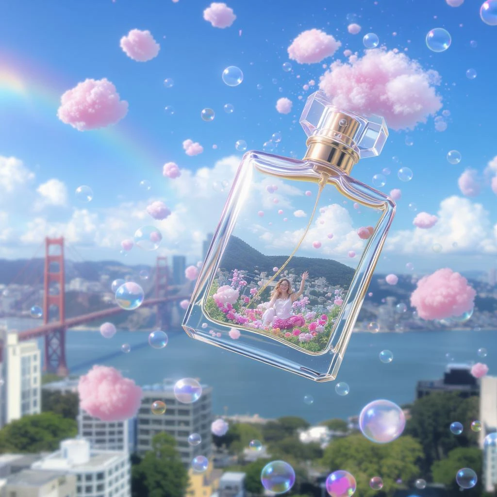 Cinematic still perfume bottle inside bubbles flying around San Francisco downtown, sunny summer day, happy vibe, colorfull surround, rainbow, small cute pink clouds around emoji