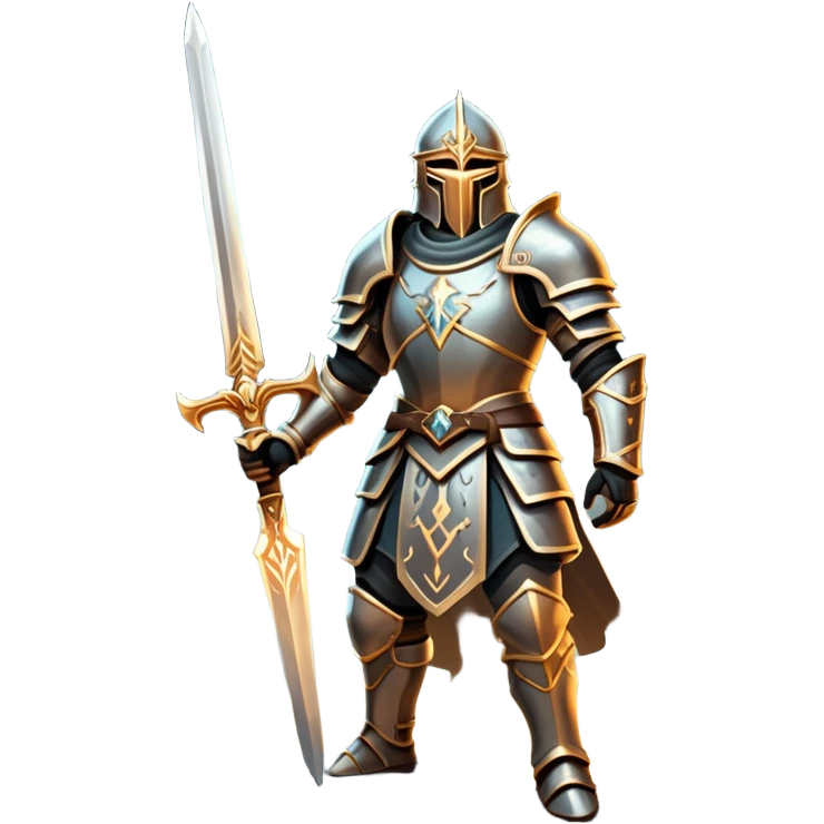 An icon representing RPG, inspired by Elden Ring. The design features a warrior in armor, holding a sword, standing in front of a mystical, dark landscape with glowing runes and a distant castle. The atmosphere evokes epic quests, exploration, and intense battles. Transparent background emoji