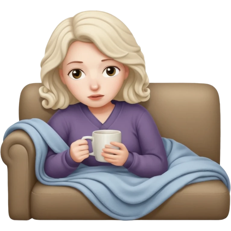 woman curled up on a couch with a blanket, holding a mug, looking thoughtful and alone emoji