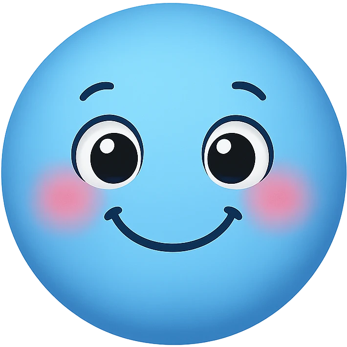 a cute blue smiley face emoji, round, big eyes, blushing cheeks, cheerful emoji