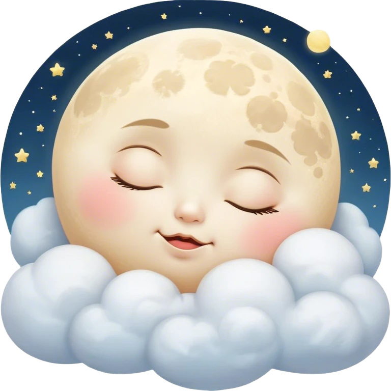 Cinematic adorable moon with a sleepy face, round and chubby, soft glowing light, tiny rosy cheeks, resting on a bed of fluffy clouds, dreamy and peaceful. emoji