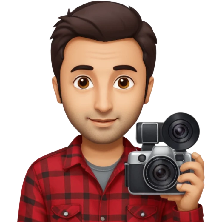 generate a pretty bratz emoji 
Make her look like Ranbir kapoor wearing a red flannel shirt, smirking and carrying a camera

he should look exactly  like ranbir kapoor!  emoji
