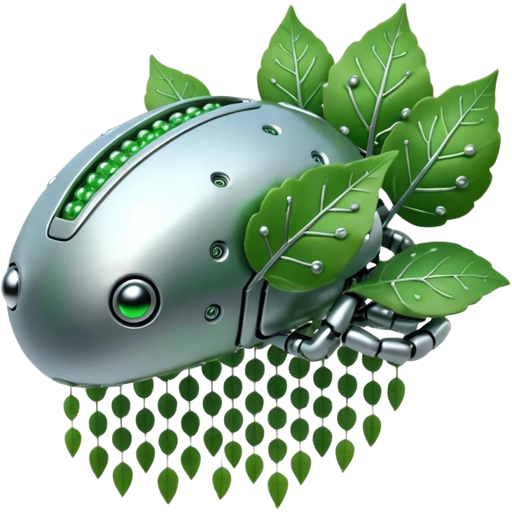 3D render of Nanobot Cloud, futuristic cyborg aesthetic, fusion of organic skin and chrome metal, swarm of tiny silver dots eating a green leaf, isolated on white background --v 6.0. emoji