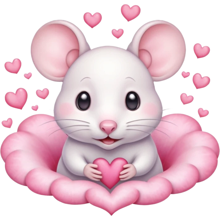 This is a cute watercolor illustration of a small, white cartoon mouse with large, round, pink-lined ears. The mouse has heart-shaped eyes, a small open mouth, and is surrounded by floating pink hearts, conveying a feeling of love, adoration, or strong affection. emoji