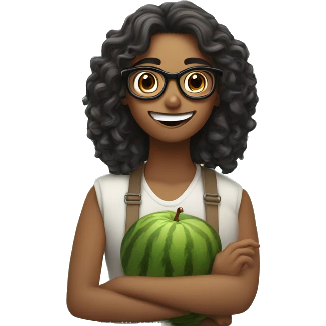 fruit-themed date. woman fair skin, shoulder-length curls, glasses, and a slightly shocked expression, as if she’s not excited about the date. The man should have an emo hairstyle and light or olive skin, with a happy and enthusiastic expression emoji