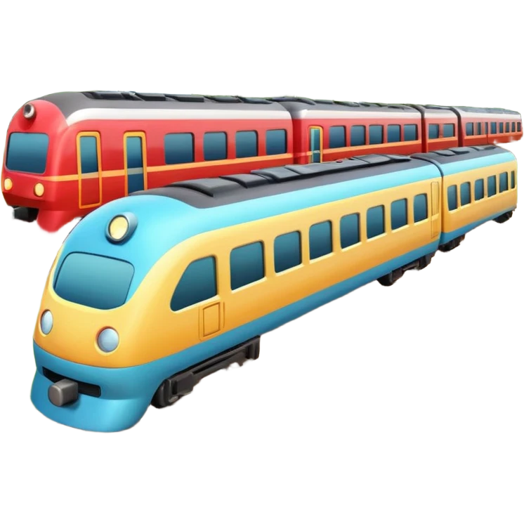 A 3D cartoon passenger train with windows and multiple cars, moving on railway tracks, bright daylight, Memoji-style. emoji