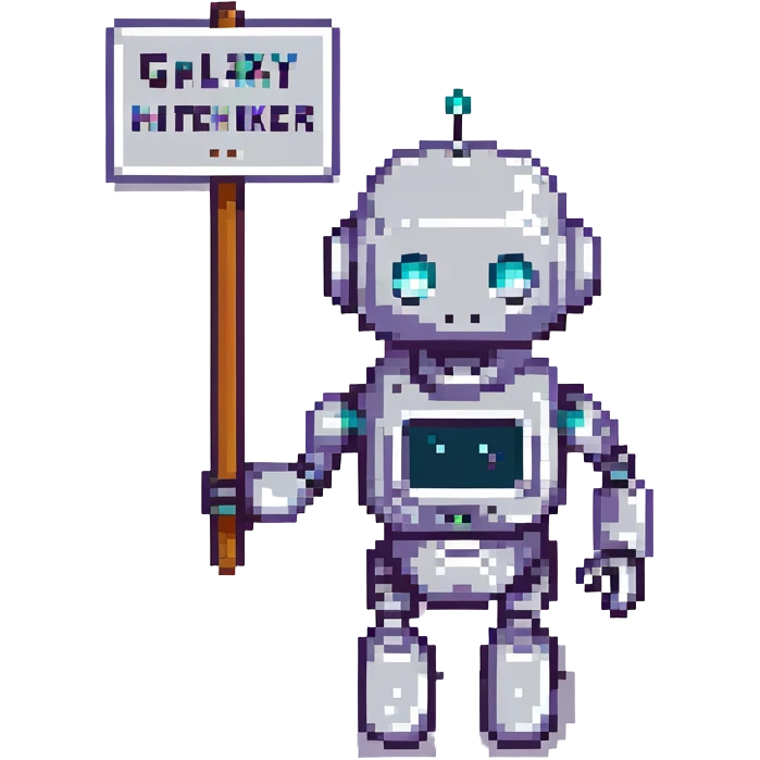 A robot hitchhiking across the galaxy, holding a sign that says 'Galaxy Hitchhiker' emoji