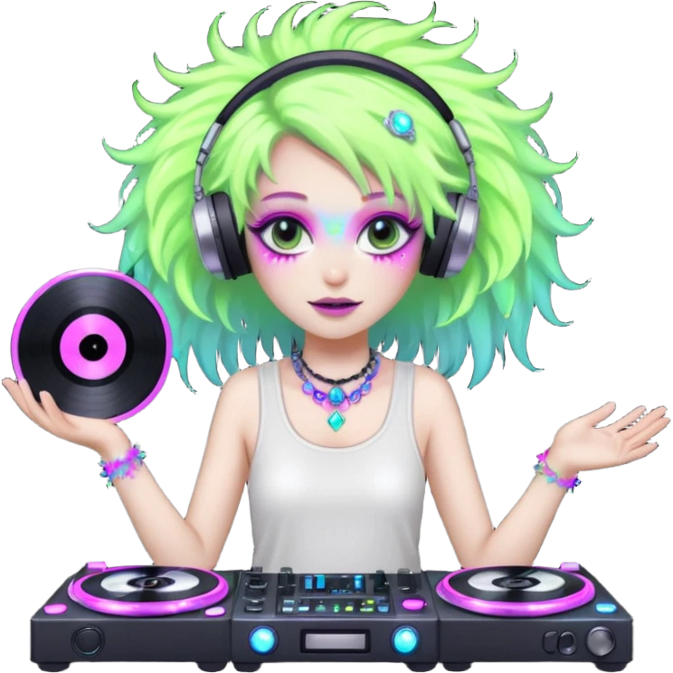  hard-techno-rave-fairy,-holding-a-dj-turntable,-wild-hair,-neon-sparkles,-minimal-background emoji