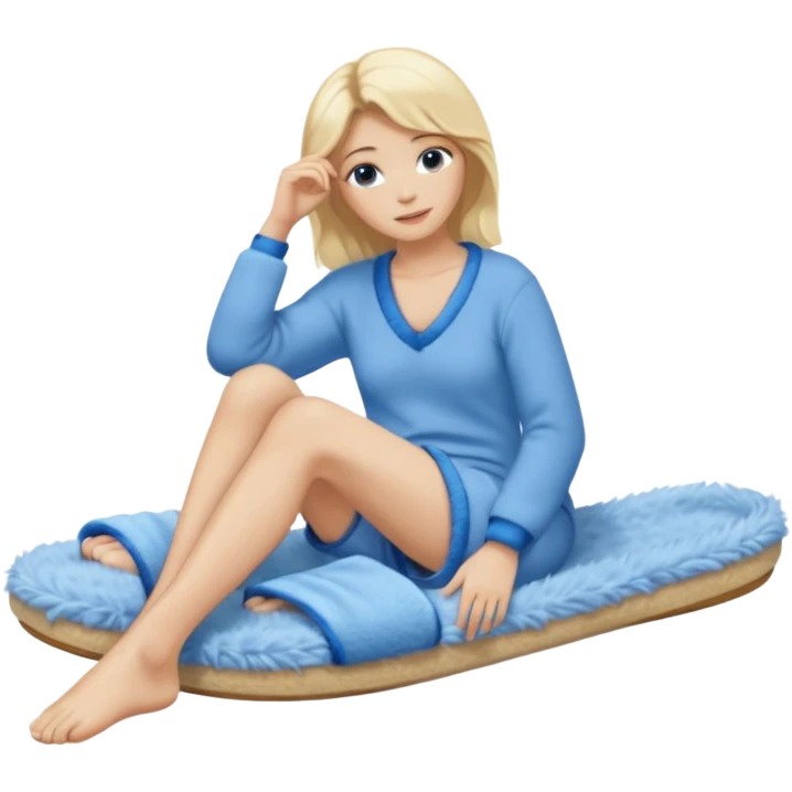 blonde woman wearing comfy lounging outfit, blue fuzzy slippers on her bare feet emoji