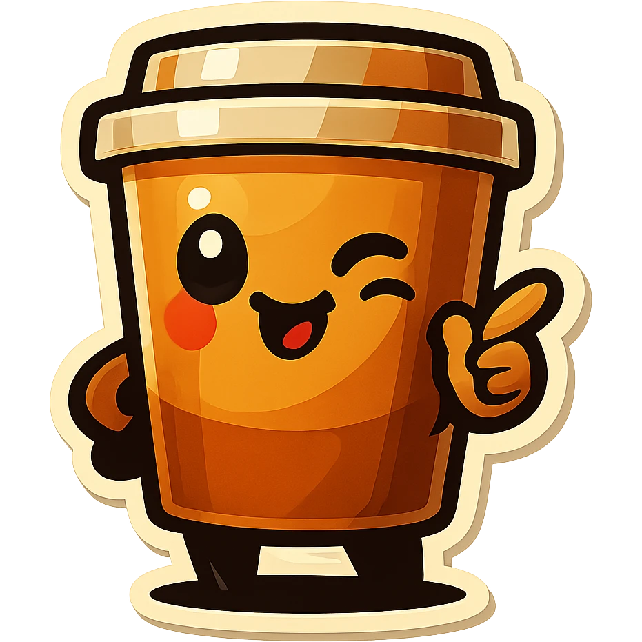 Tall coffee cup, flirty wink, pointing at viewer emoji