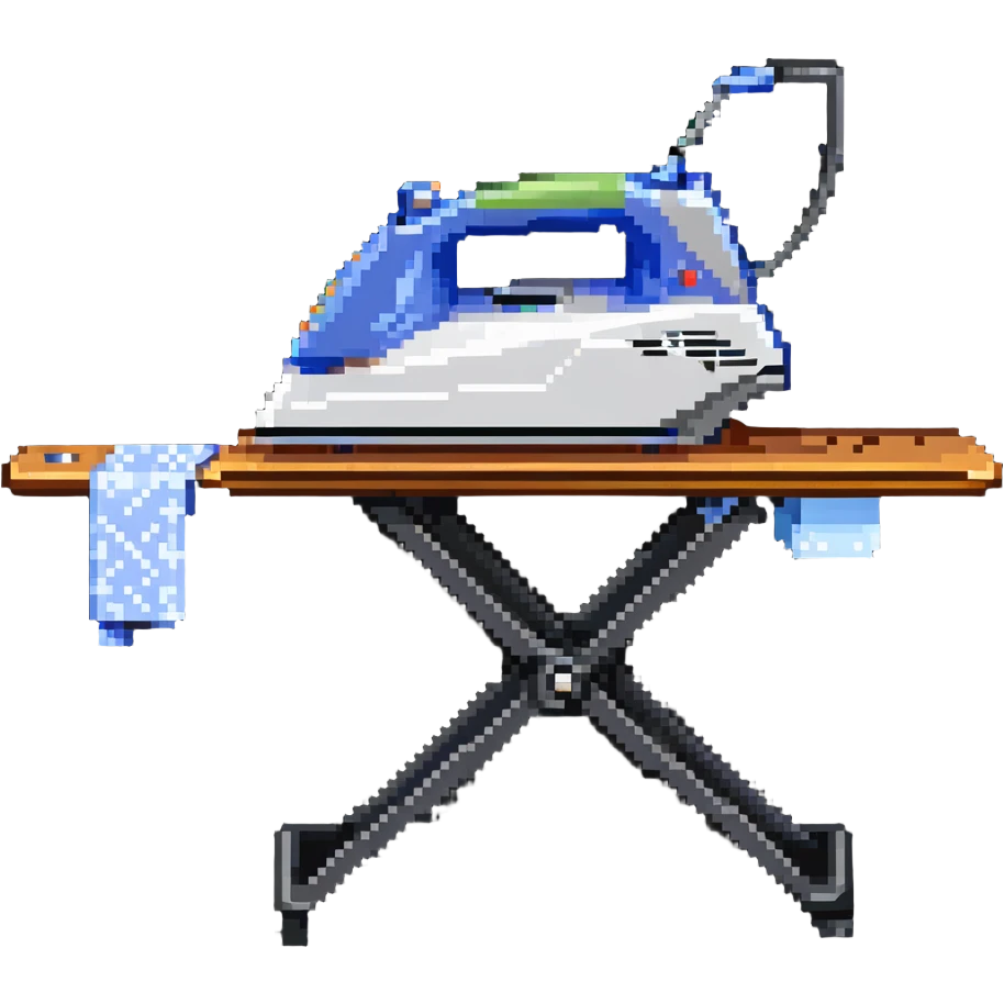 A detailed clothes iron next to an ironing board emoji