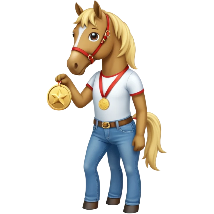 friendly anthropomorphised horse in jeans and a t-shirt, wearing a gold medal emoji