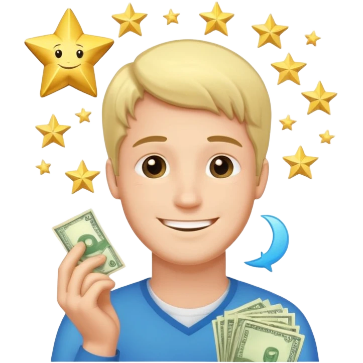 a man with a dreamy smile, thought bubble showing a stack of money and a gold star emoji
