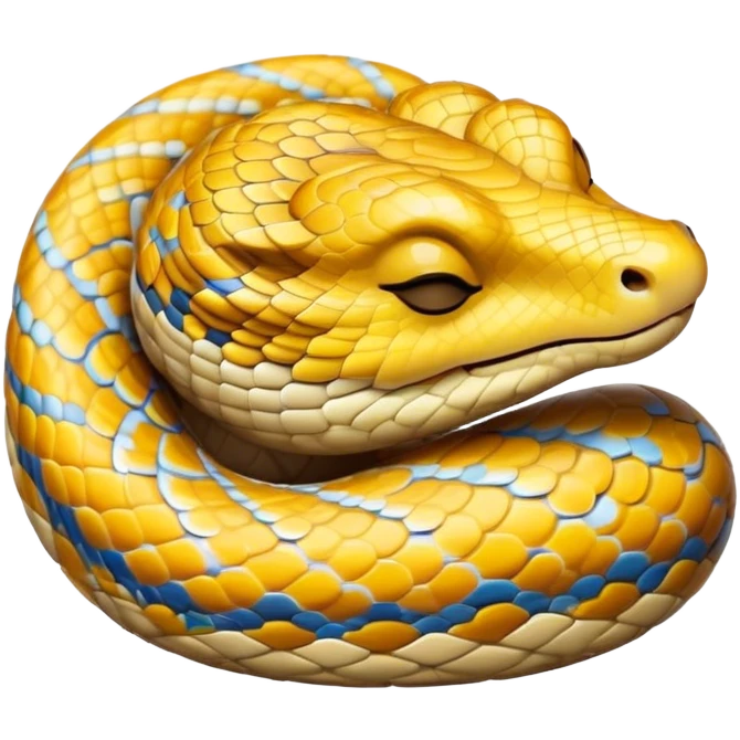 Meme-Worthy cute Sleeping Python Portrait Emoji, Head and coiled body resting peacefully with a contented smile, showcasing intricately patterned scales and eyes gently closed in serene slumber, Simplified yet comically adorable features, highly detailed, glowing with a soft, drowsy glow, high shine, relaxed and utterly lovable, stylized with an air of playful laziness, bright and heartwarming, soft glowing outline, capturing the essence of a sleeping serpent that feels destined to become the next viral icon of adorable rest! emoji