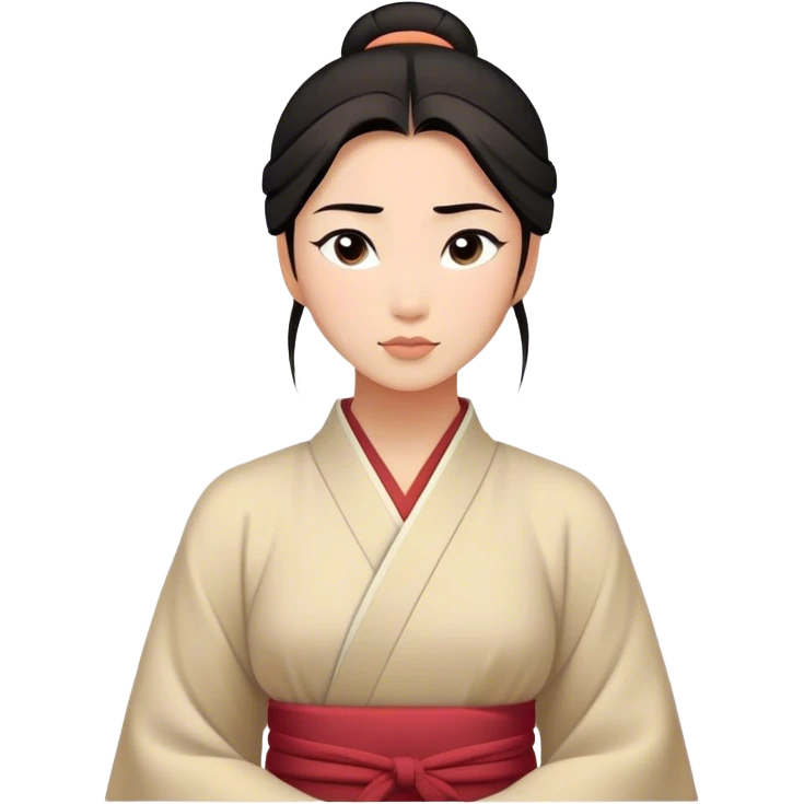 Cinematic Serene Mulan Portrait Emoji, rendered in a simplified vector style. Depict a gentle Mulan (chest and above) with warm, radiant skin, sleek dark hair pulled back in a neat bun, and a calm, thoughtful expression, wearing a simple traditional robe in muted hues. The design glows softly with an elegant, inviting light. emoji