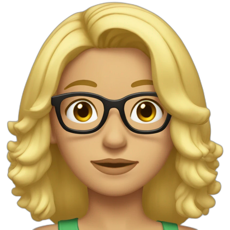 chica rubia con pelo largo a la altura de los hombros y suelto, com mechas rubias en el pelo, ojos verdes y gafas negras emoji