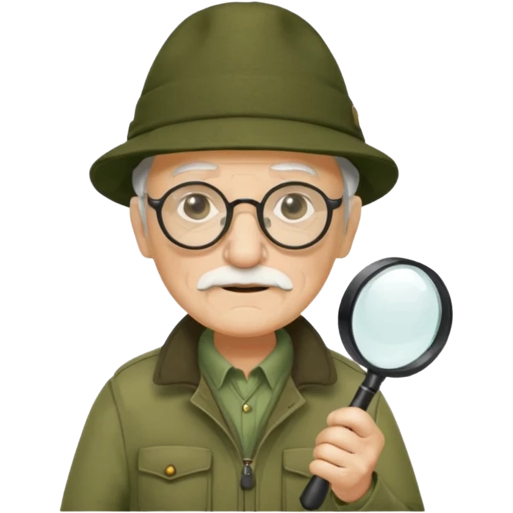 old man in beige moss green explorer outfit, wear black glass, hat, holding magnifying glass emoji