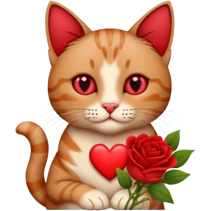 Male cat holding red flowers and heart emoji