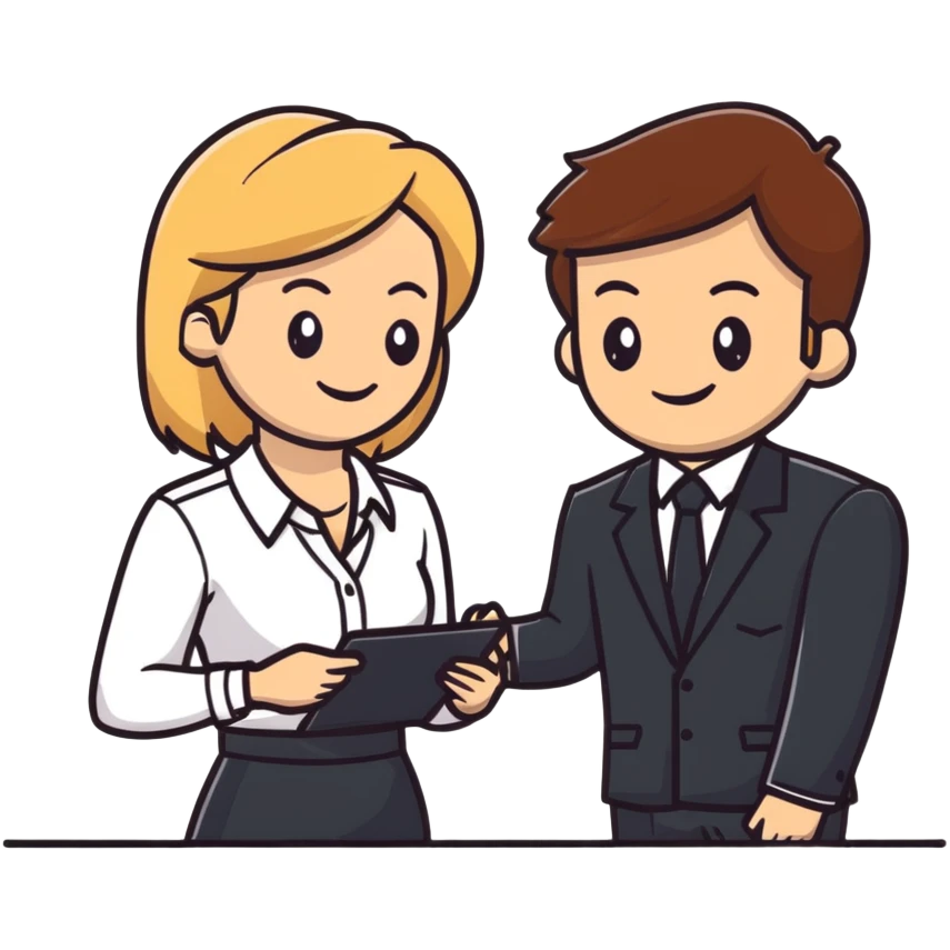 blonde woman in business suit talking to smiling brown-haired man in white shirt emoji