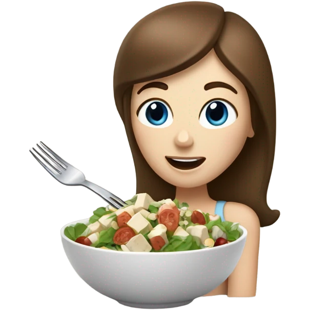 White girl Brown hair blue eyes freackles eating Tofu salad with fork emoji