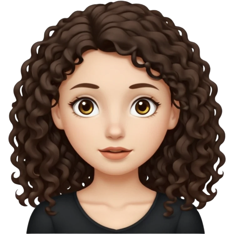 Aesthetic white girl with long curly hair color dark brown (almost black, but more brownish), hair most be in front of the shoulders. Big almond shape eyes color brown, small wide nose, natural lips, sweet expression. Dressed with a cute tight top color black. emoji