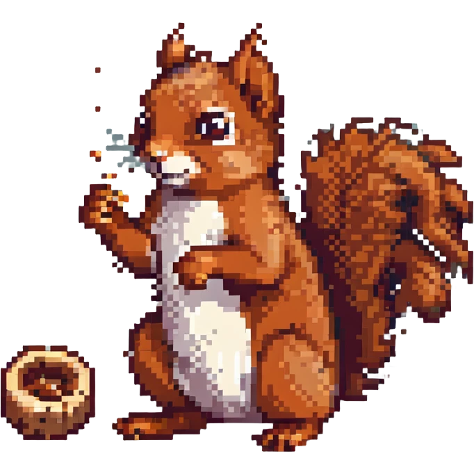 red squirrel with clear fur, cracking a nut, pixel art style, no background emoji