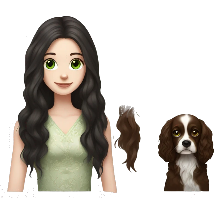 pale skin girl with green eyes with long dark brown hair that has a flower in her hair  holding a black and brown cavalier dog the dog also has a flower in its hair emoji
