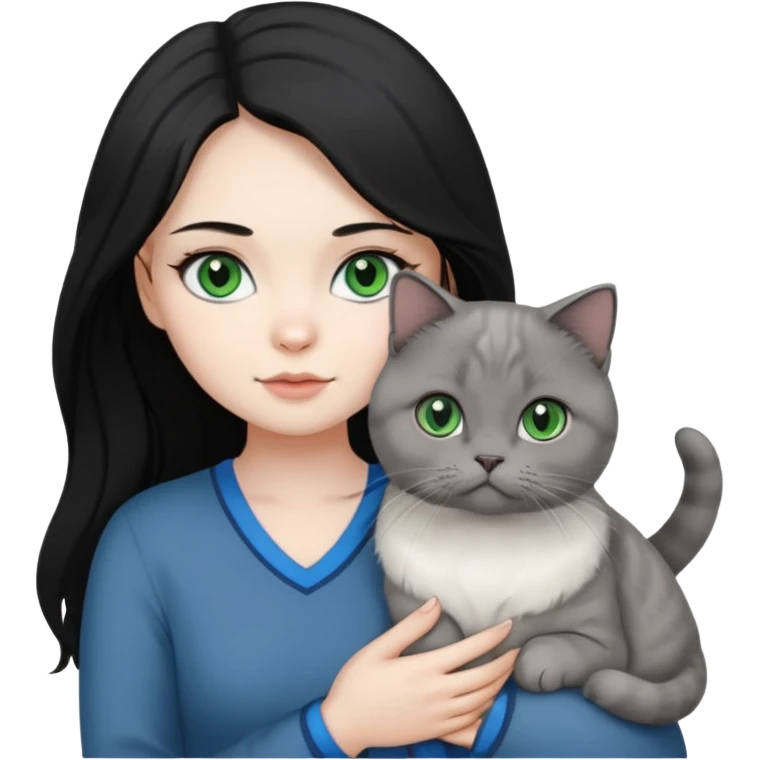 Black long hair, white skin, pretty black eyes, a woman with a gray Scottish fold green eye cat and a white blue eye cat
 emoji