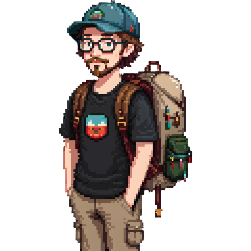 adventurer with goatee beard (no beard on cheeks), short hair, glasses, backwards baseball cap and backpack emoji