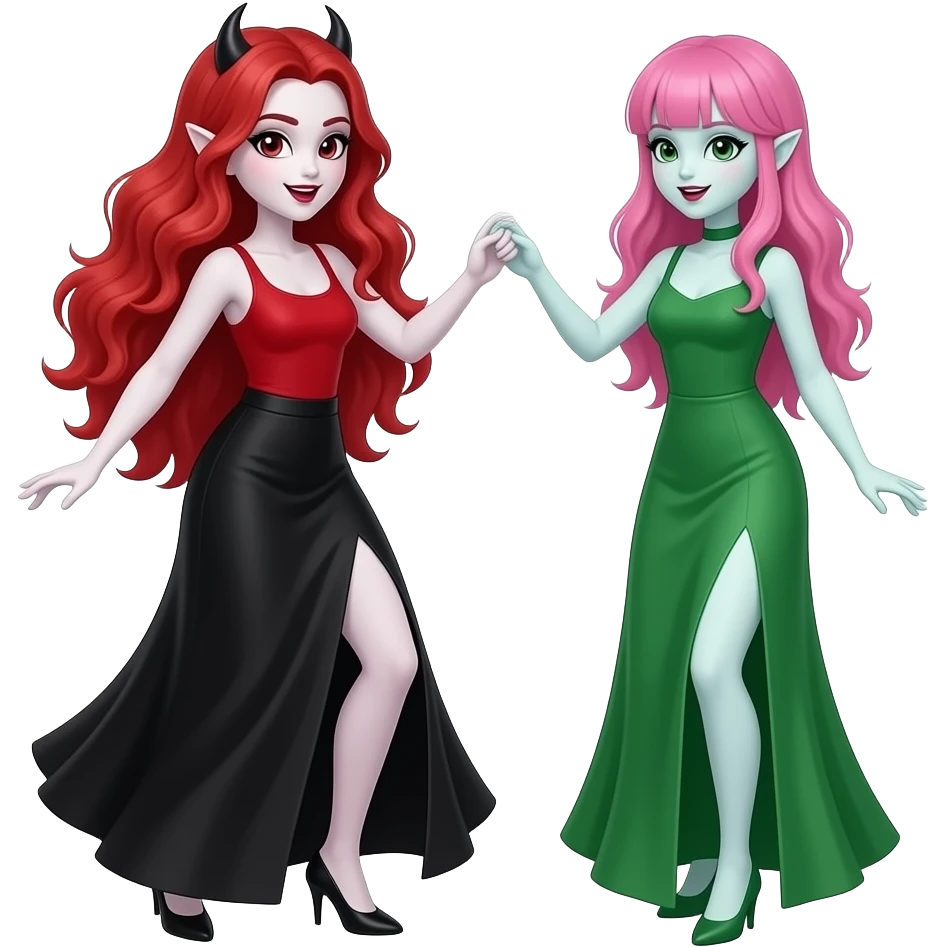 Vampiro femmina adolescente con capelli lunghi rosso fuoco ondulati con pelle bianca con gonna lunga nera e top canottiera rossa che balla con la sua amica VAMPIRA femmina che indossa un vestito lungo verde con pelle bianca e capelli rosa con la frangetta emoji